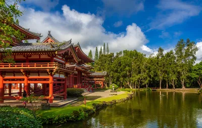 Обои деревья, пруд, парк, Япония, храм, Japan, Uji, Удзи, Храм Бёдо-ин,  Byodo-in Temple, Павильон Феникса, Phoenix Hall картинки на рабочий стол,  раздел пейзажи - скачать картинки