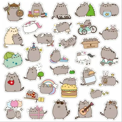 Купить Наклейки стикеры Pusheen 100 шт декоративные толстый серый кот Пушин  кошка, цена 299 грн — Prom.ua (ID#1142074473) картинки