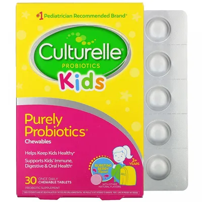 Culturelle, Purely Probiotics,чистые пробиотики, для детей старше 3 лет,  интенсивный ягодный вкус, 30 жевательных таблеток купить в Москве картинки