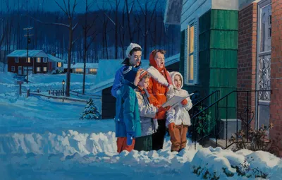 Обои American painter, американский художник, Колядки, Carolers on front  steps of suburban house, Гордон Джонсон, Gaouche on board, Gordon Johnson  картинки на рабочий стол, раздел живопись - скачать картинки