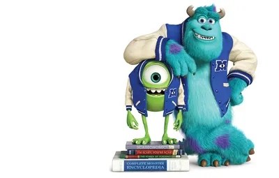 Обои синий, зеленый, улыбка, рога, учебники, одноглазый, Monsters  University, Inc., Корпорация монстров, Университет монстров, Monsters  картинки на рабочий стол, раздел фильмы - скачать картинки