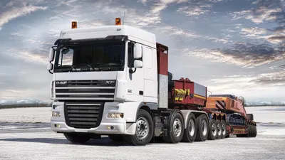 Скачать 3840x2160 daf, xf105, грузовик, авто, вид сбоку, трейлер, экскаватор  обои, картинки 4k uhd 16:9 картинки