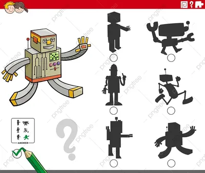 мультяшная иллюстрация поиска нужной картинки к теневой образовательной  игре для детей с персонажами роботами PNG , из, дизайн, в PNG картинки и  пнг рисунок для бесплатной загрузки картинки
