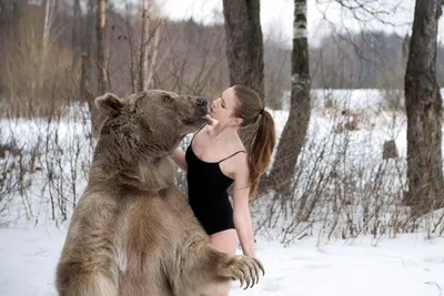 Так по-русски: фотографии моделей с 650-килограммовым медведем в  заснеженном лесу картинки