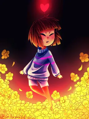 Фото Фриск / Frisk из игры Undertale на поляне среди желтых цветов, с  сияющим красным сердечком над головой, by Glamist картинки