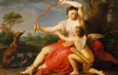 Обои игра, купидон, Диана, Pompeo Batoni картинки на рабочий стол, раздел  живопись - скачать картинки