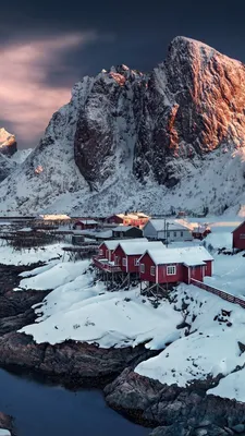 Обои Норвегия, 4k, HD, деревня, снег, village, 4k, HD wallpaper, Hamnoy,  Norway, sunset, water, Природа #203 картинки