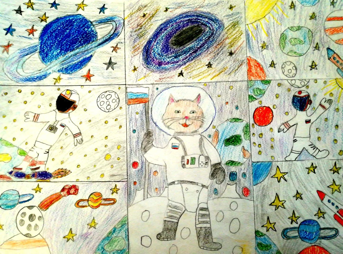 Детский рисунок космоса цветными карандашами