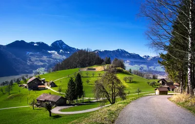 Обои дорога, солнце, горы, дома, весна, Швейцария, Switzerland, Mountains,  Roads, Grassland картинки на рабочий стол, раздел пейзажи - скачать картинки