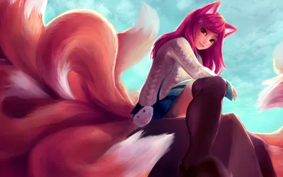 Скачать обои девушка, улыбка, аниме, арт, ушки, league of legends, хвосты,  ahri, раздел сэйнэн в разрешении 1440x900 картинки