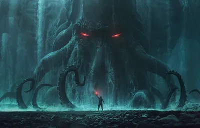 Обои Ктулху, Cthulhu, monster, rocks, man, behemoth, tide, tentacles,  Andree Wallin, signal light картинки на рабочий стол, раздел фантастика -  скачать картинки