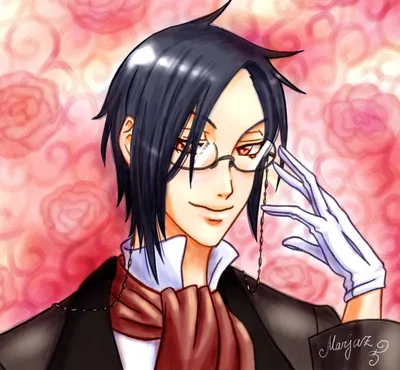 Обои на рабочий стол Sebastian Michaelis / Себастьян Михаэлис из аниме  Темный дворецкий / Dark Butler / Kuro Shitsuji, улыбаясь, поправляет очки,  обои для рабочего стола, скачать обои, обои бесплатно картинки