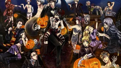 Скачать обои аниме, kuroshitsuji, хеллоуин, бинты, мумия, арт, праздник,  тыквы, halloween, луна, ночь, череп, темный, дворецкий из раздела Аниме, в  разрешении 1920x1080 картинки