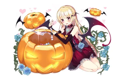 Обои девушка, аниме, арт, тыква, Хеллоуин, halloween картинки на рабочий  стол, раздел прочее - скачать картинки