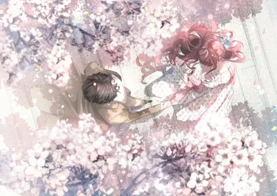 Download 1280x1024 Anime Couple, Romance, Top View, Dress, Spring, Holding  Hands, Sakura Blossom Wallpapers картинки