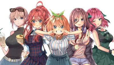 обои : 5 toubun no Hanayome, Аниме девушки, фан-арт, цифровое искусство,  2D, Простой фон, Рыжая, Розовые волосы, короткие волосы, длинные волосы,  Большие сиськи, Улыбается, голубые глаза, Nakano Nino, Nakano Itsuki,  Nakano Ichika, картинки