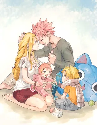 Фото Lucy Heartfilia / Люси Хартфилия и Natsu Dragneel / Нацу Драгнил со  своими детьми, рядом лежит игрушка в виде Happy / Хэппи з аниме Фейри Тейл  / Хвост Феи / Fairy Tail картинки