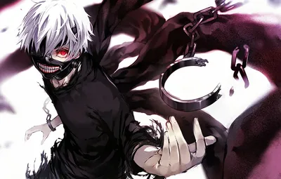 Обои взгляд, аниме, маска, цепи, белые волосы, anime, красный глаз, Tokyo  Ghoul, Kaneki Ken, Токийский Гуль, Канеки кен картинки на рабочий стол,  раздел сэйнэн - скачать картинки