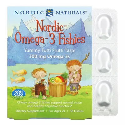 Nordic Naturals, Nordic Omega-3 Fishies, рыбки с омега-3, для детей от 2  лет, вкус тутти-фрутти, 300 мг, 36 рыбок купить в Москве картинки