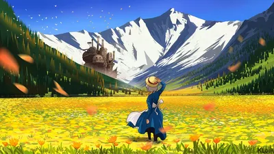 Обои на рабочий стол Sophie Hatter / Софи Хаттер стоит на цветущем поле из  аниме Howls Moving Castle / Ходячий замок Хаула, by kloir, обои для  рабочего стола, скачать обои, обои бесплатно картинки