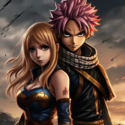 Фото Natsu Dragneel / Нацу Драгнил и Lucy Heartfilia / Люси Хартфилия  отдыхают на лавочке после похода по магазинам перед Новым Годом. Озорной  кот Happy / Хэппи в красном костюме держит над картинки