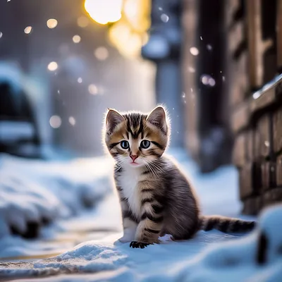 Котёнок зимой на улице. 🐈❄️» — создано в Шедевруме картинки