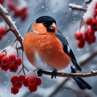 Снегири на рябина зимой, снег, ❄️, 9…» — создано в Шедевруме картинки