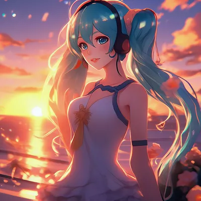 Miku аниме на фоне заката,очень …» — создано в Шедевруме картинки